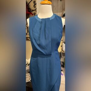 Adrianna Papell Sz 4P Petite Blue Sleeveless Faux Wrap Dress Formal Sheath